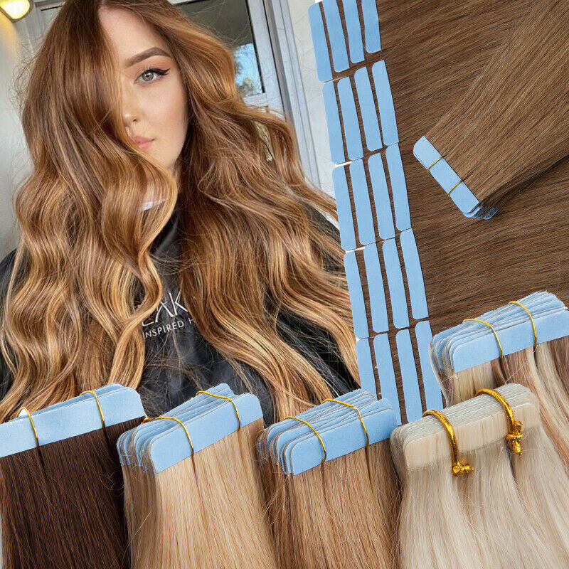 Invisible Tape Hair Extensions - Human Hair Tape-In Wefts, Reusable, Natural Remy Hair