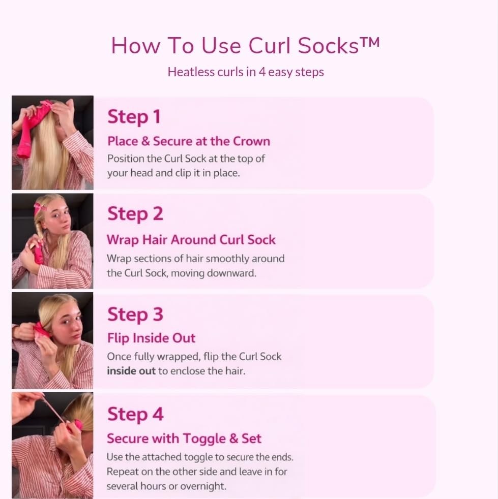 Heatless Hair Curlers Socks Set - Fuchsia Pink, No Heat, Soft Bouncy Waves