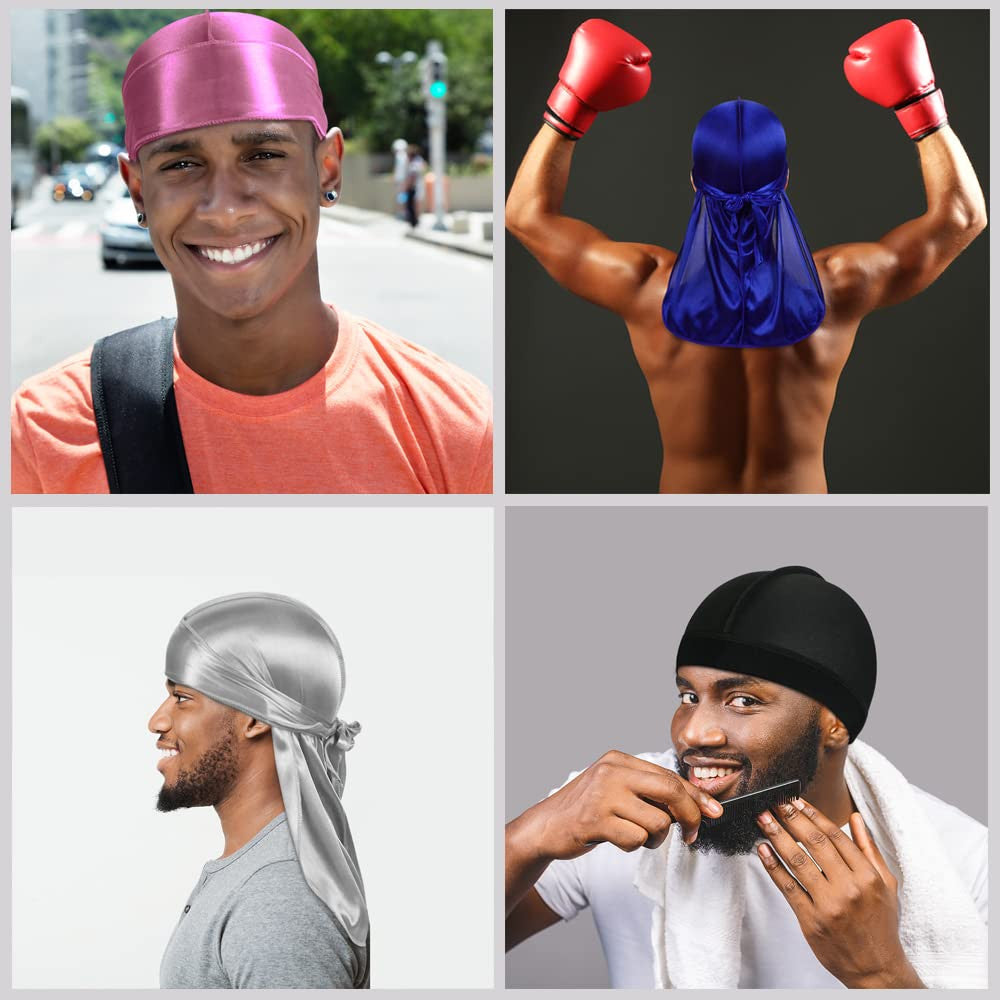 Silky Durags with Long Tail & Satin Wave Cap Set for Men - 8 Pieces
