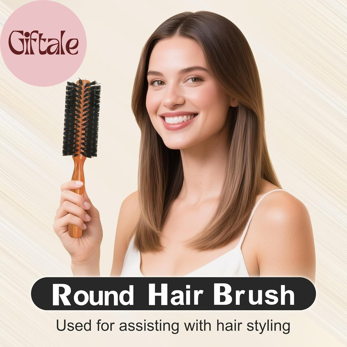 100% Boar Bristle Round Hair Brush with Natural Solid Wood Handle - Anti-Static Styling Tool