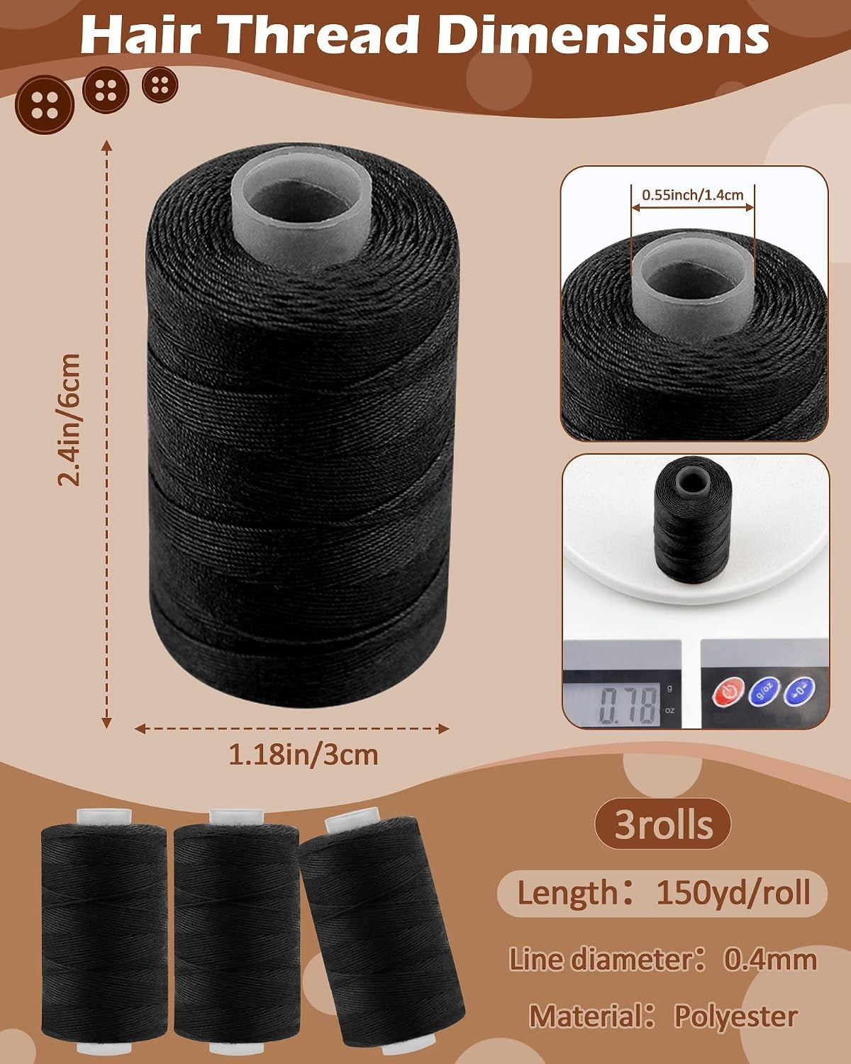 Hair Extension Thread Kit with Needles & Pins for Wig Weaving - Black