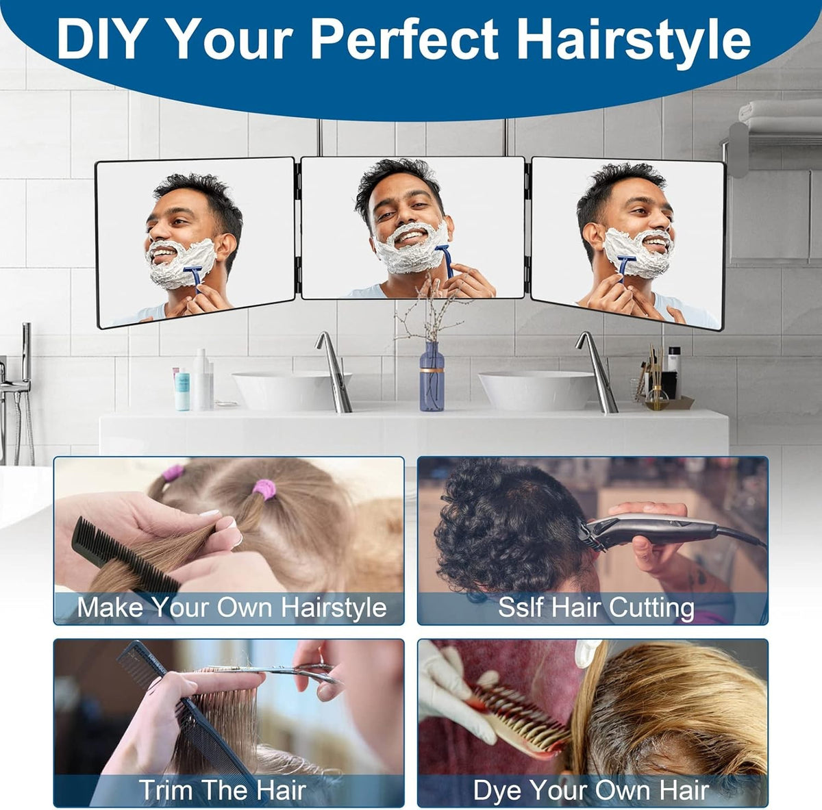 3-Way Foldable Mirror for Self Hair Cutting and Grooming - Portable HD Glass