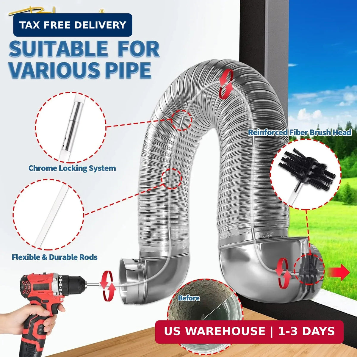 7-Piece Dryer Vent Cleaning Kit with Flexible Brush & Accessories